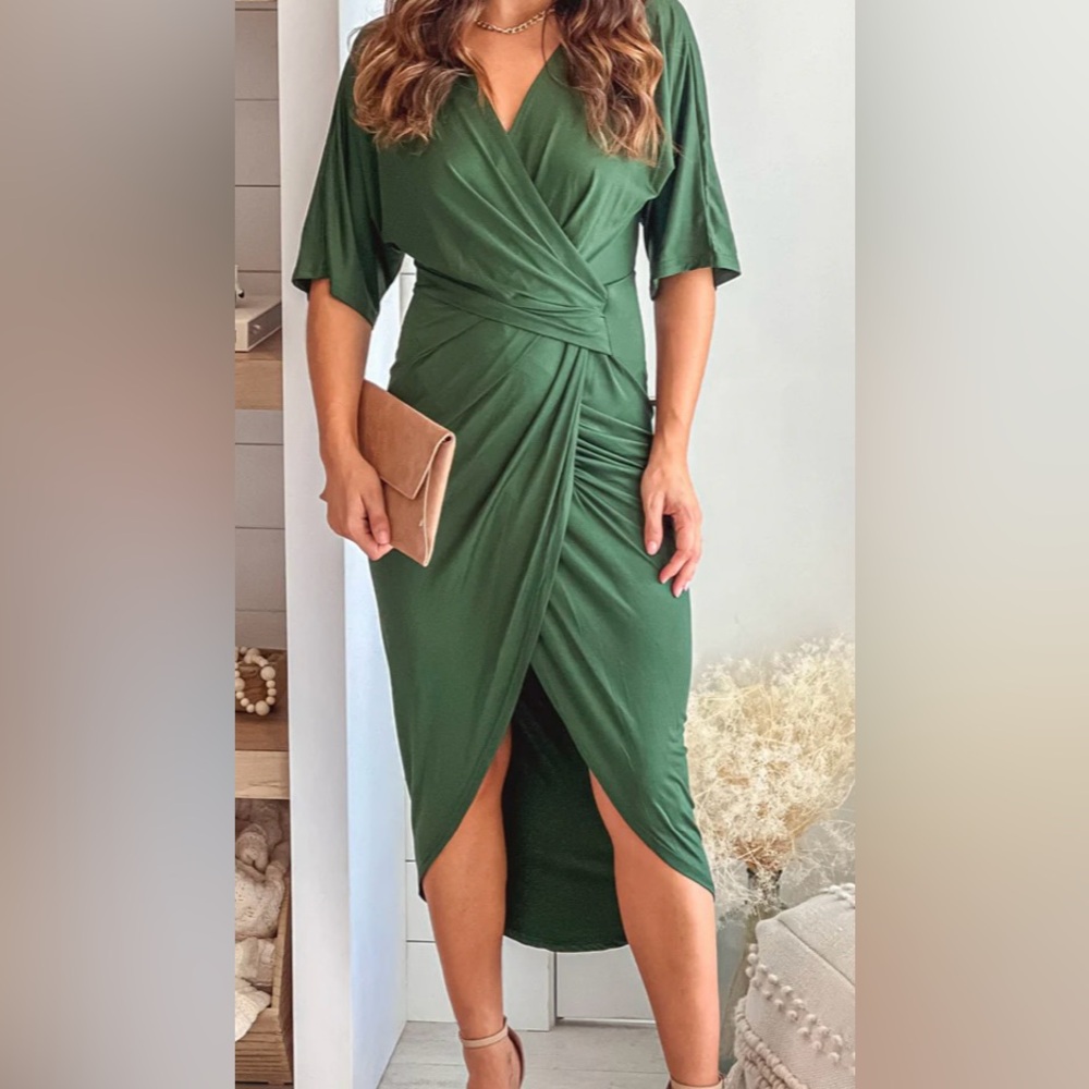 Hunter green asymmetrical ruched Wrap Dress